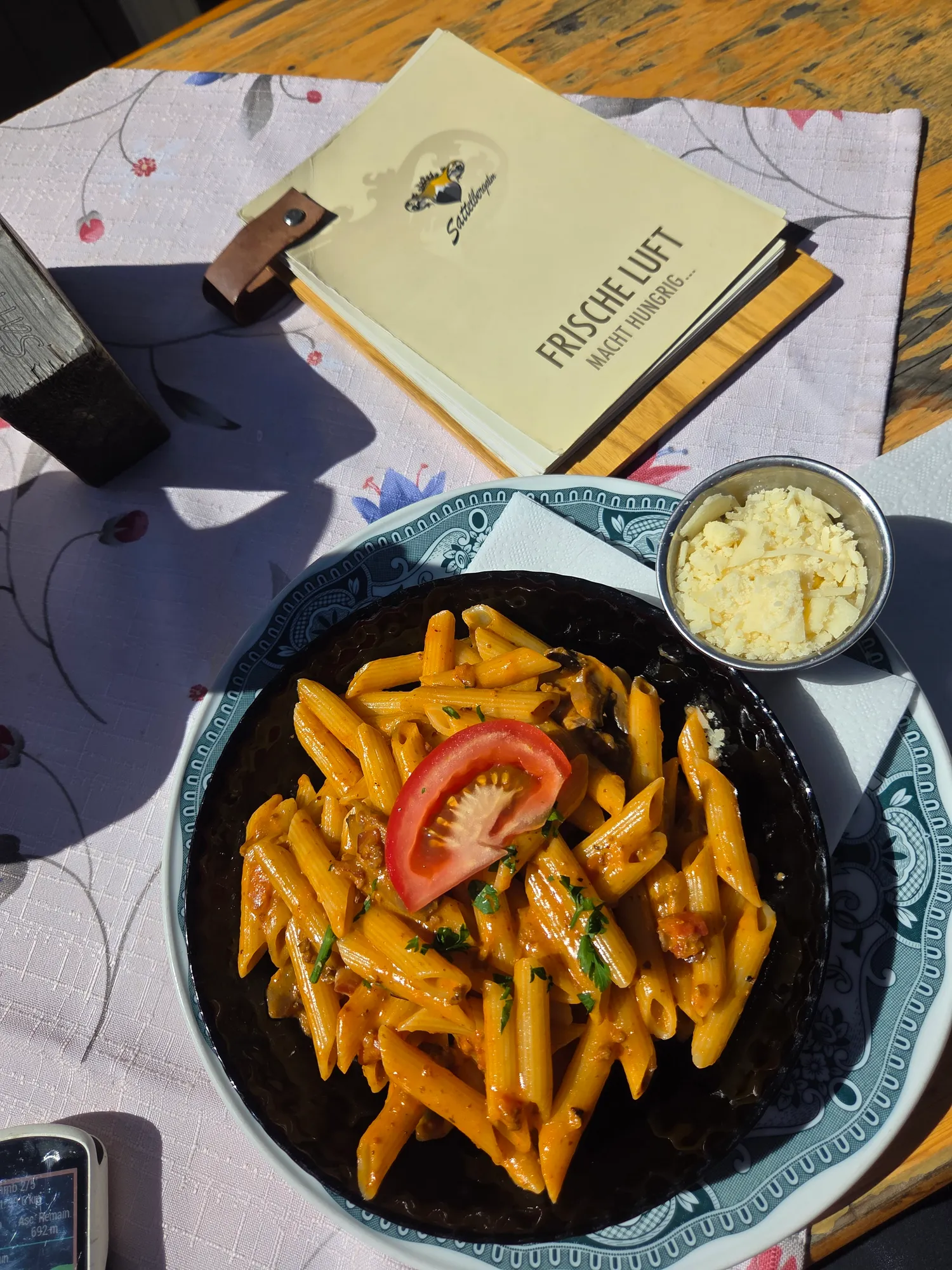 Penne mit Tomatensoße und geriebenem Käse auf der Sattelbergalm