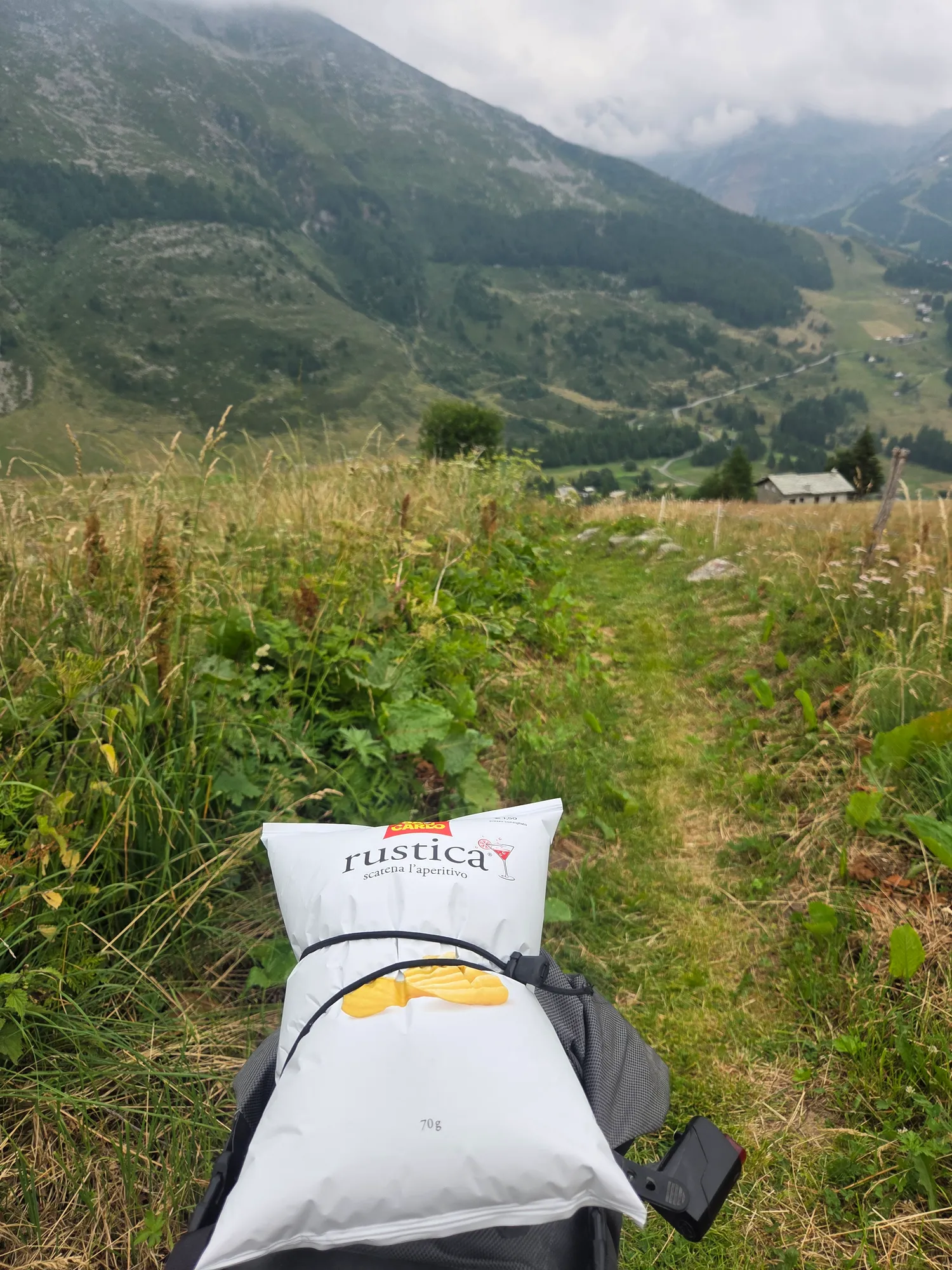 Chipstüte auf der Lenkertasche, dahinter ein schmaler Wiesenpfad