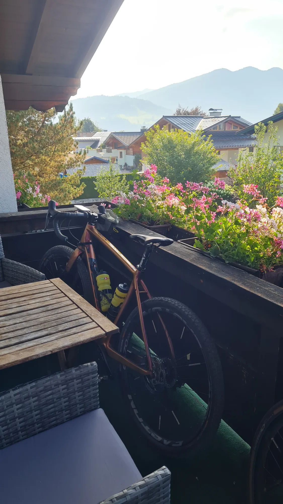 Gravelbike auf dem Balkon zwischen Geranien, dahinter die Berge
