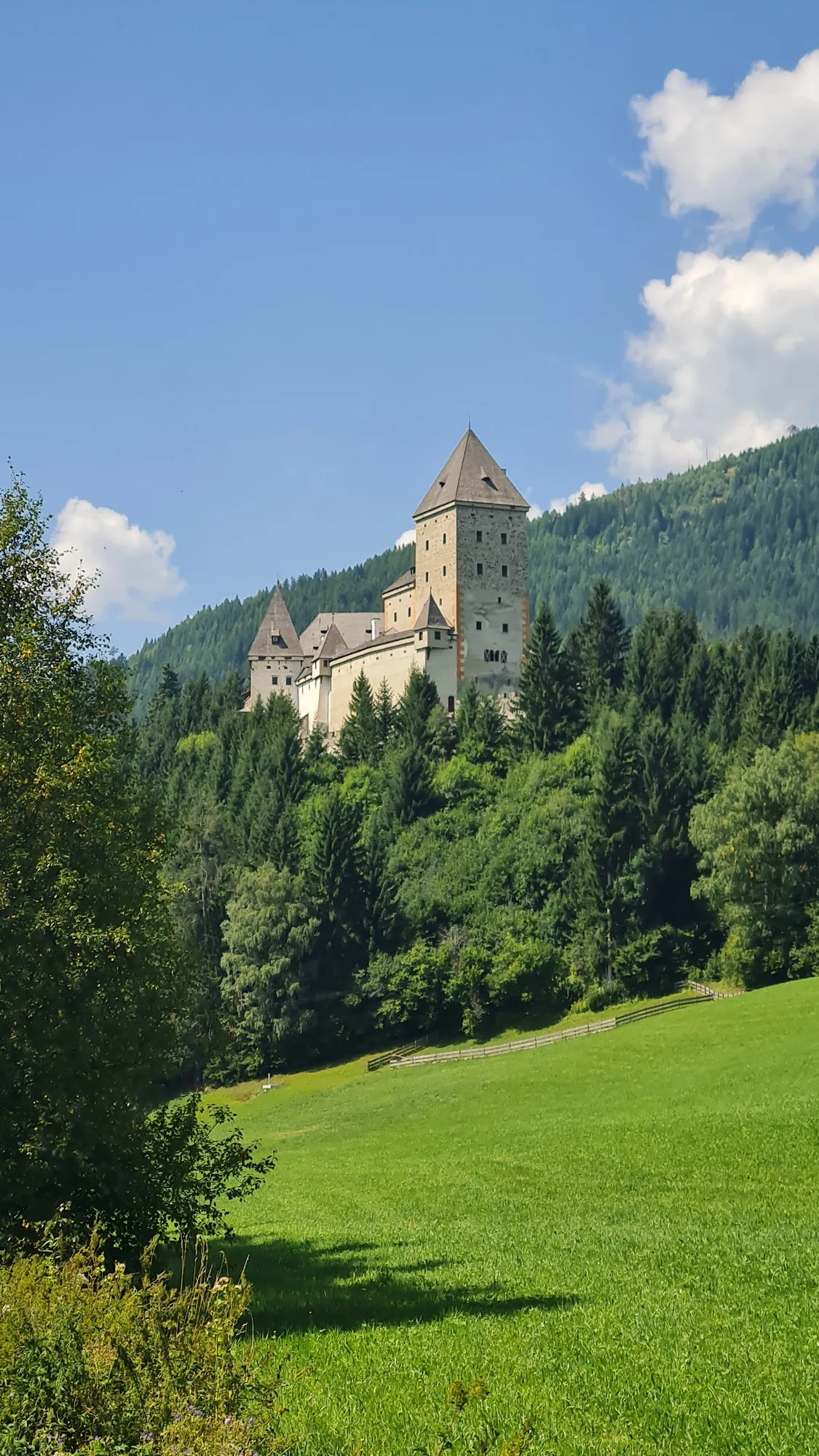 Burg Moosham über einer grünen Wiese im Lungau
